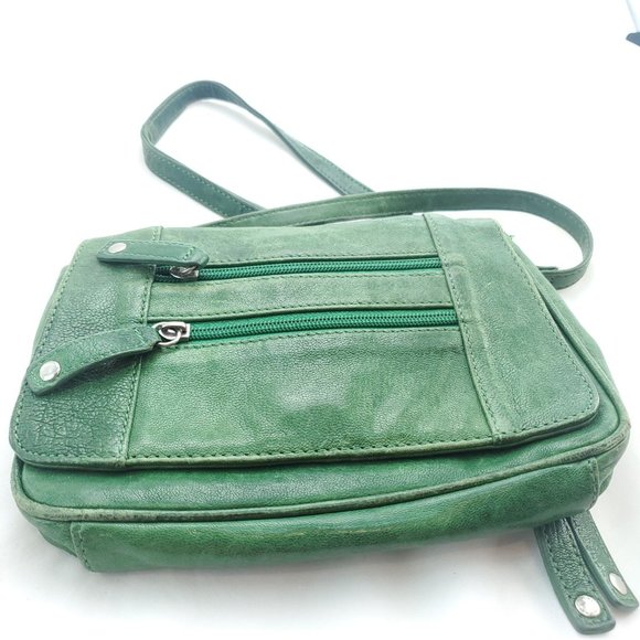 Perlina Womens Green Leather Inner Pockets Adjustable Strap Crossbody Bag - Picture 2 of 13